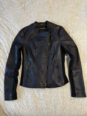 Express Black Faux Leather Moto Jacket with Panel Detailing
